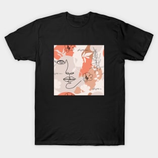 Terracotta background. One line continuous woman face, flowers, leaves and various shapes. T-Shirt